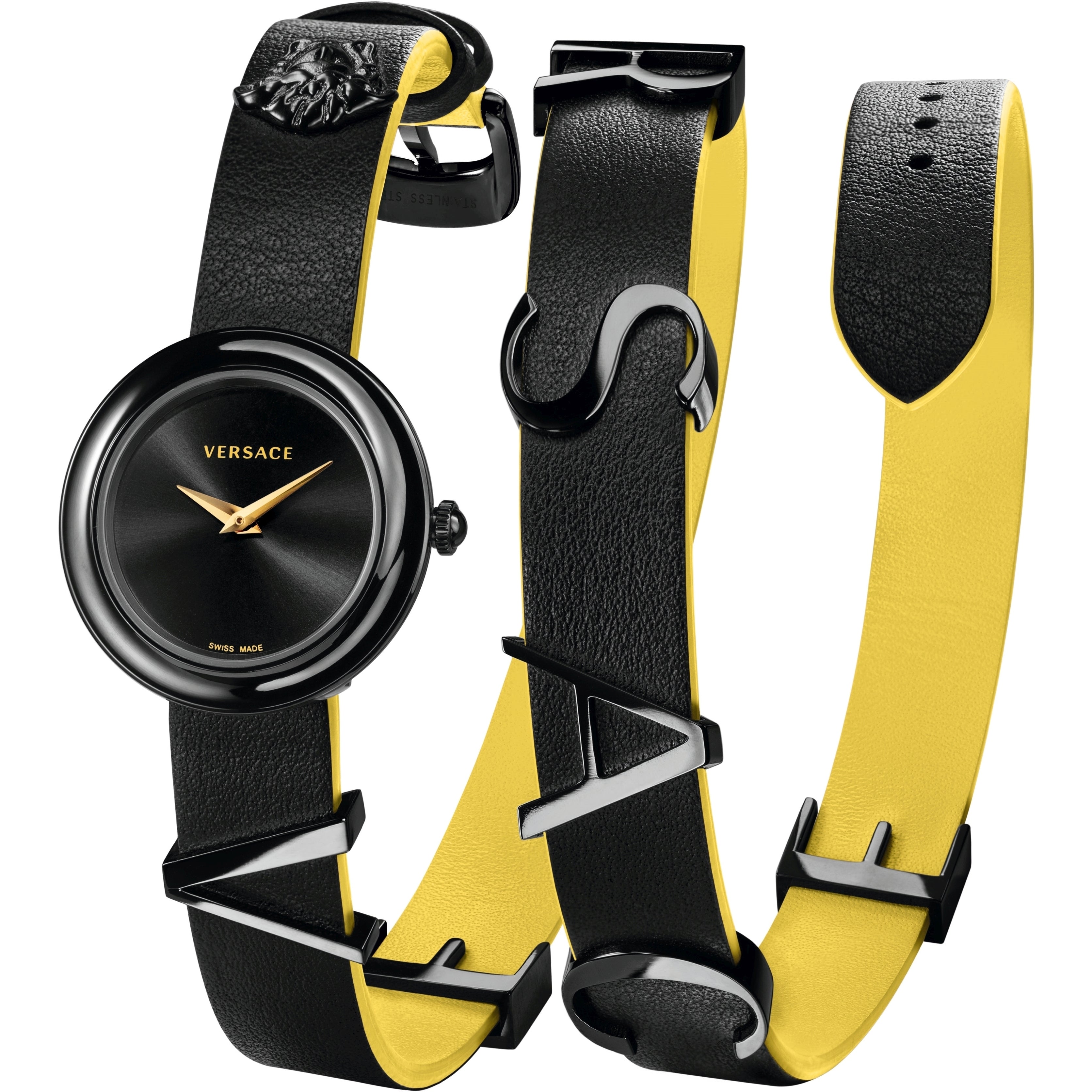 V-Flare double wrap black and yellow leather strap displayed flat