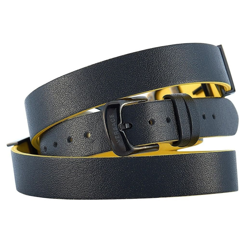 Double wrap black leather strap with yellow underside and metal buckle