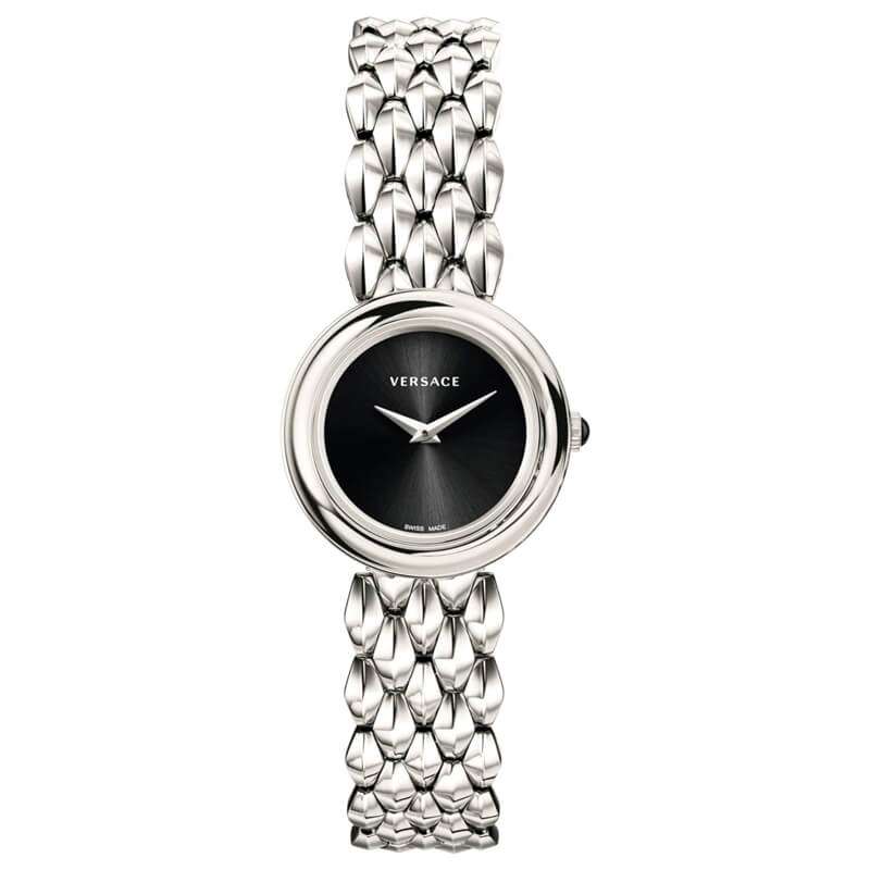Versace V-Flare 28mm watch with black dial and silver chain link strap