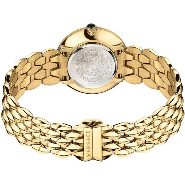 V-Flare watch caseback showing Versace emblem and gold-plated steel strap