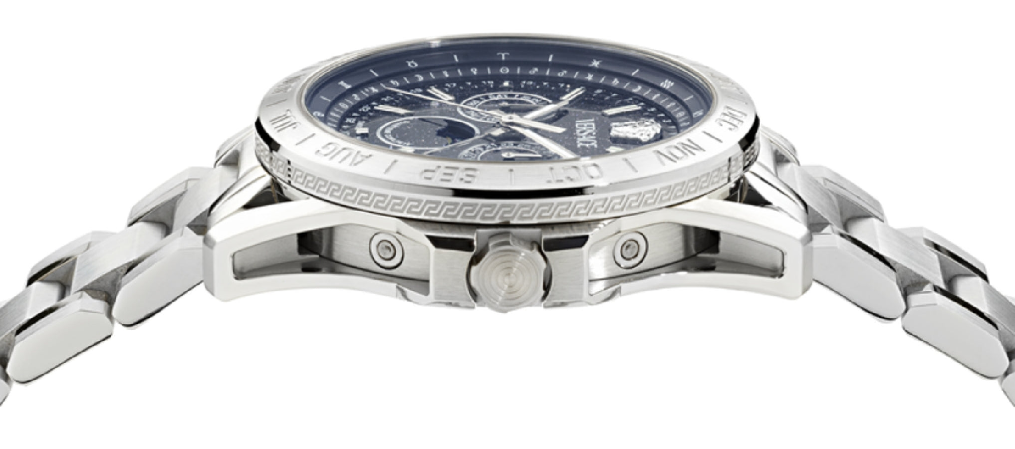 Versace V-Galaxy Moonphase side profile showing stainless steel case and bracelet