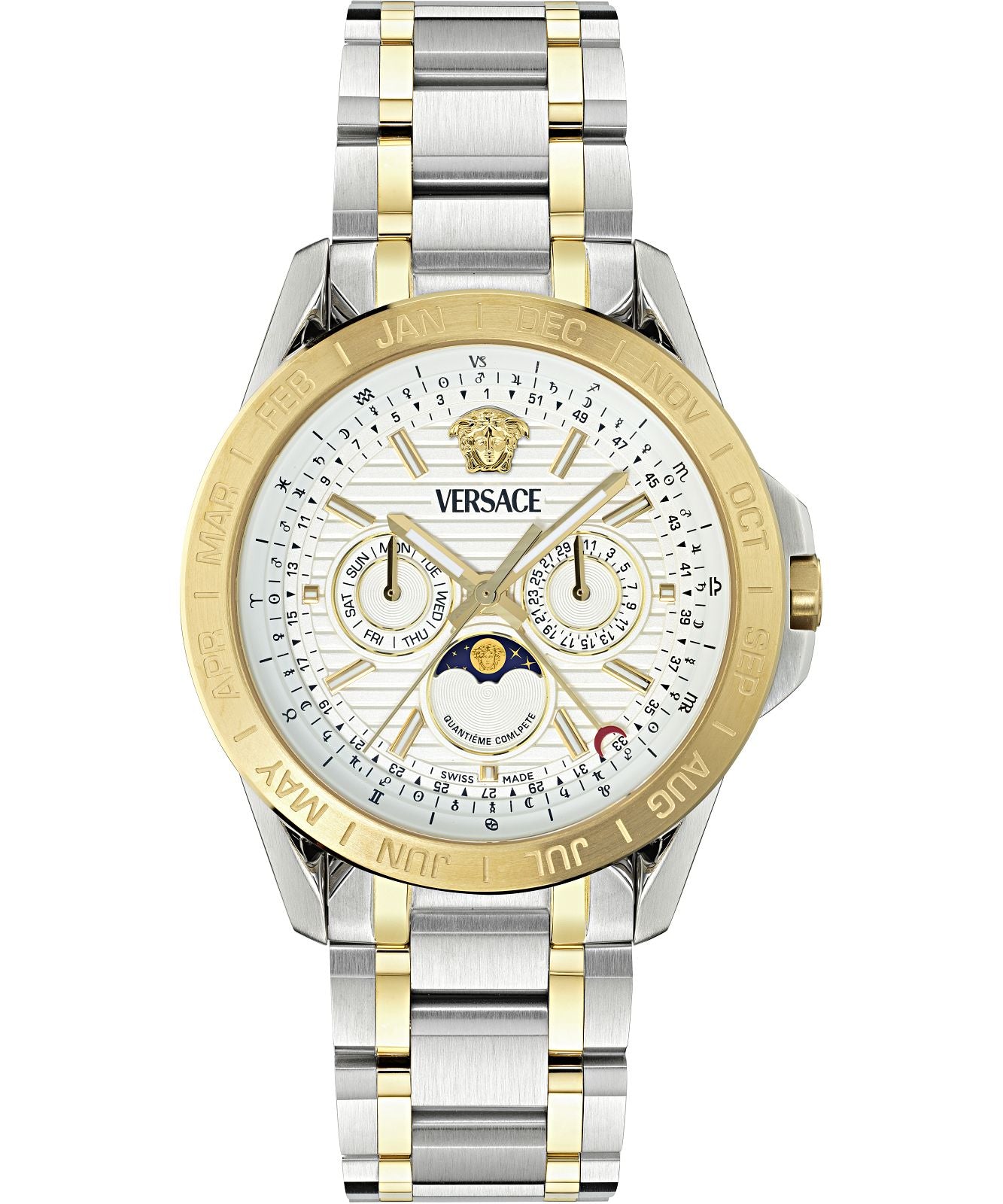 Versace V-Galaxy moonphase watch with white dial and two-tone stainless steel bracelet