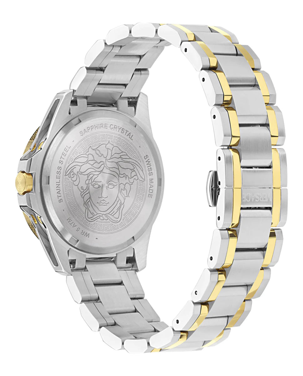 Side profile of two-tone stainless steel bracelet with Versace medusa caseback
