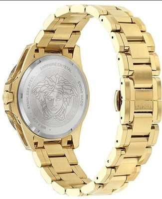 Versace V-Galaxy caseback showing Medusa emblem and gold steel bracelet