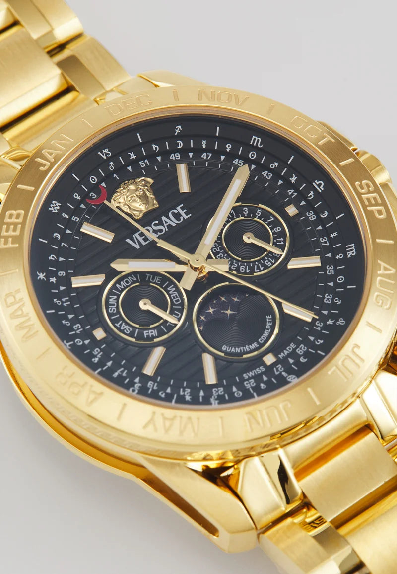 Versace V-Galaxy black dial detail showing Medusa logo and moonphase indicator