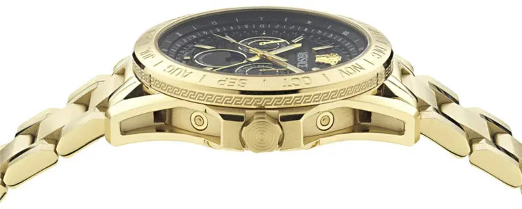 Versace V-Galaxy dial close-up showing black dial with chronograph subdials and moonphase