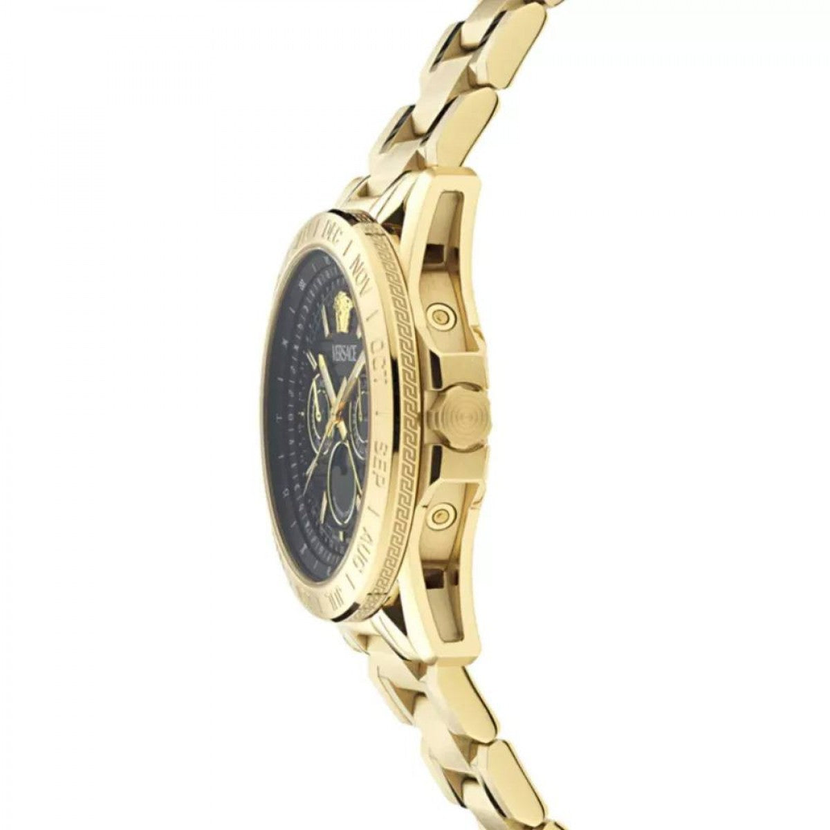Versace V-Galaxy watch side profile showing case depth and gold bracelet