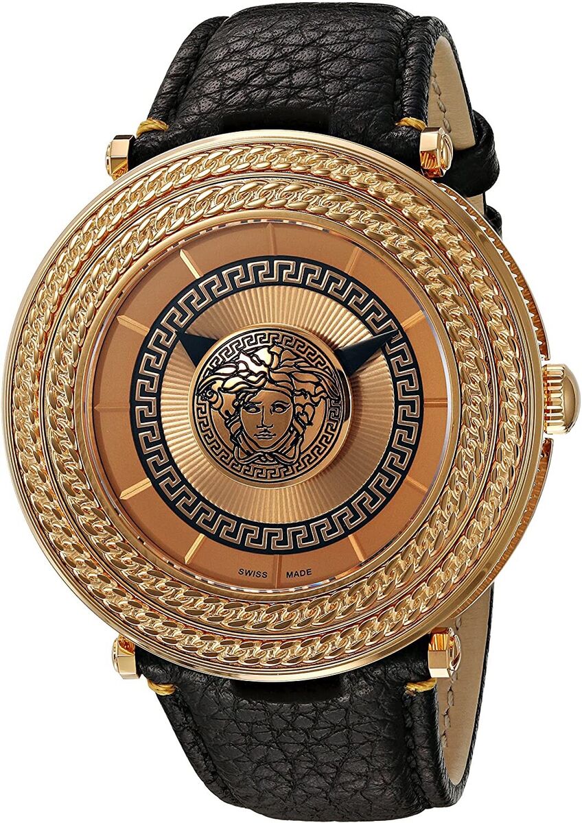 Versace V-Metal Icon men's watch with rose gold case, Medusa dial, and black leather strap