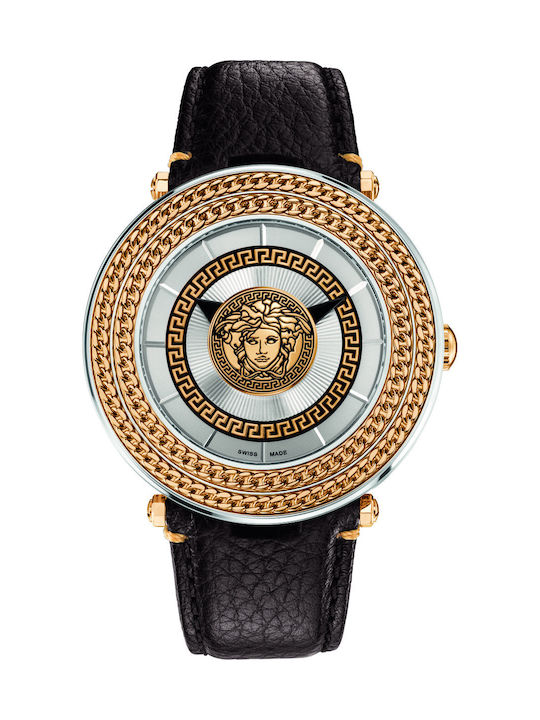 Versace V-Metal Icon watch front view showing Medusa medallion and Greek key bezel on silver dial