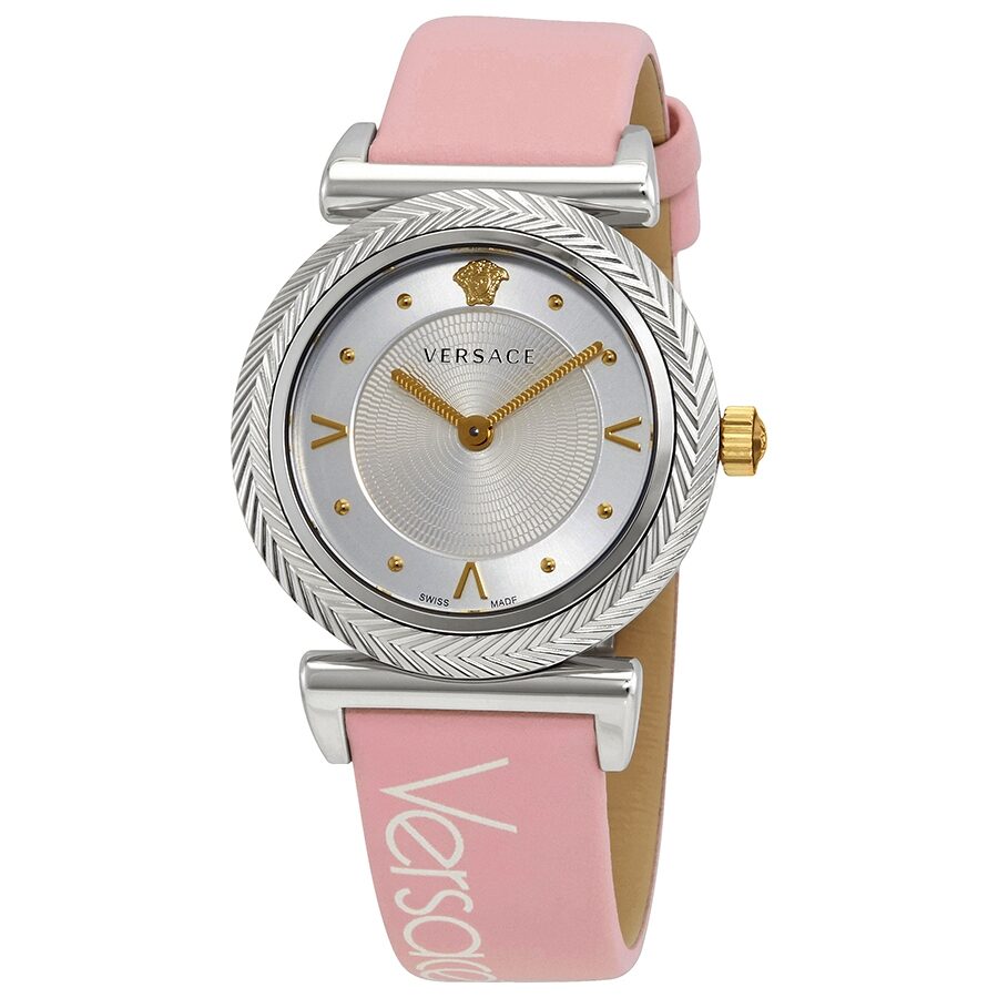 Versace V-Motif silver dial ladies watch with pink leather strap and gold-tone accents