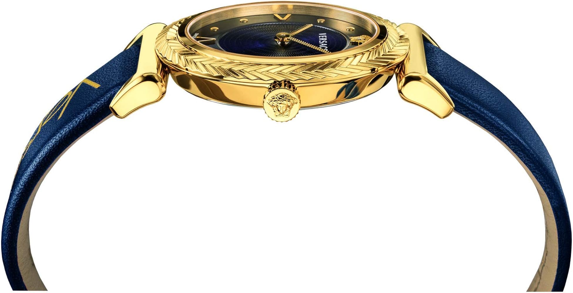 Top view of Versace V-Motif watch showing gold-tone case with textured bezel and dark blue strap
