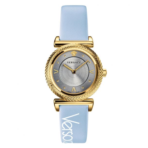 Versace V-Motif women's watch with grey dial, gold-tone ornate bezel, and light blue leather strap