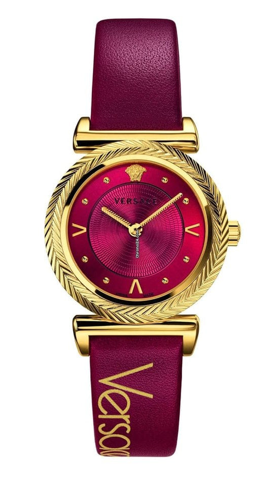 Versace V-Motif women's watch with red dial, gold case, red leather strap