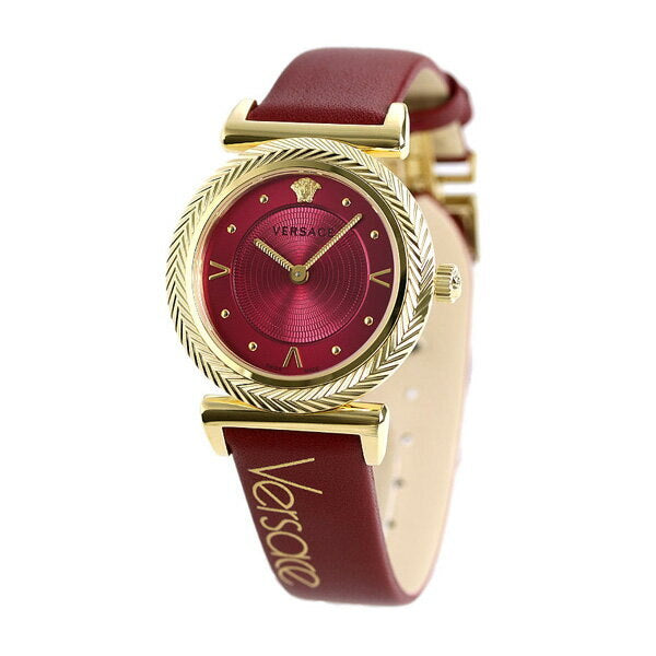 Versace V-Motif watch with red dial and red leather strap on wrist