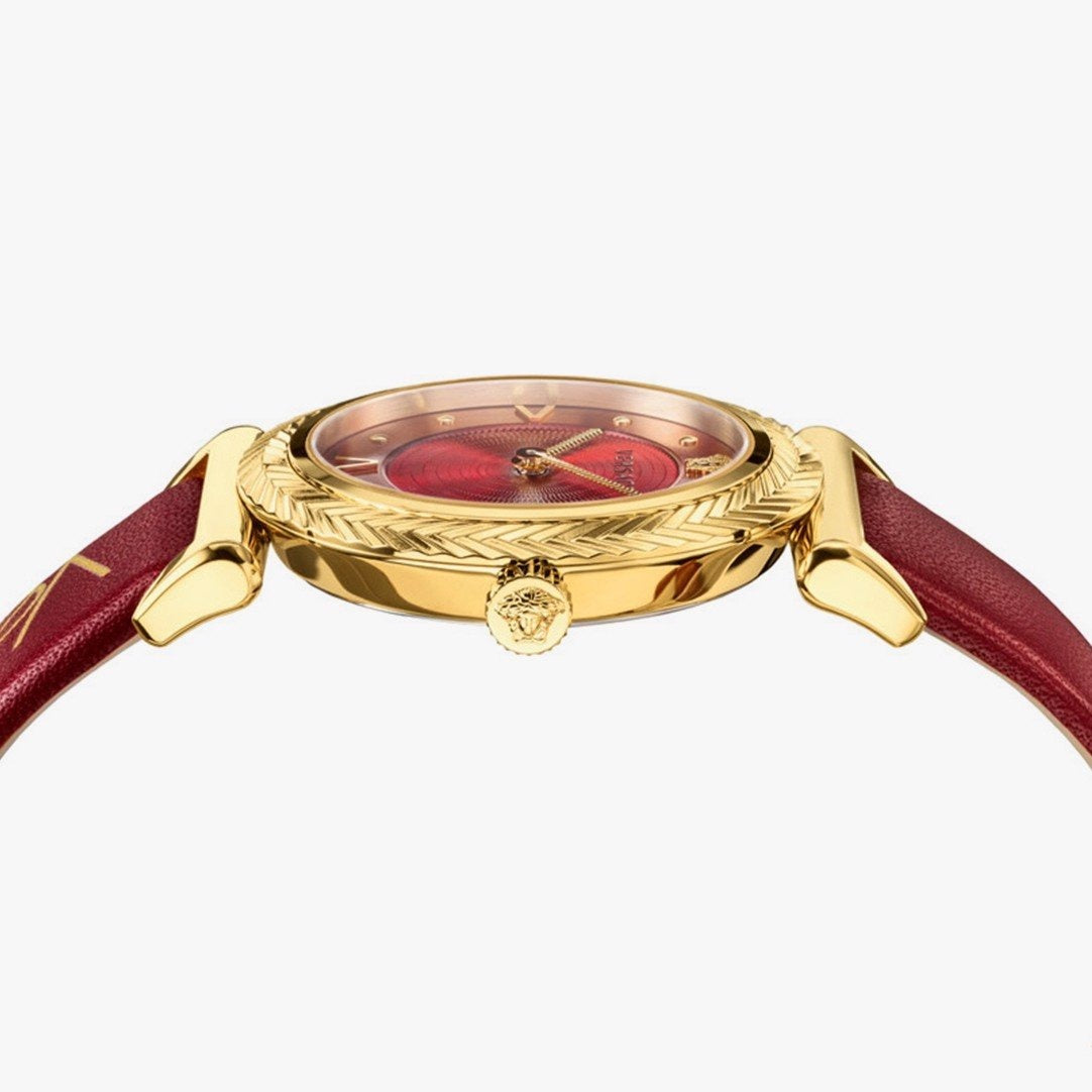 Versace V-Motif watch viewed from side showing profile with red dial