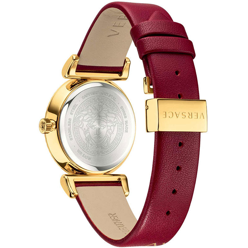 Versace V-Motif red leather strap with gold-plated buckle and Versace branding