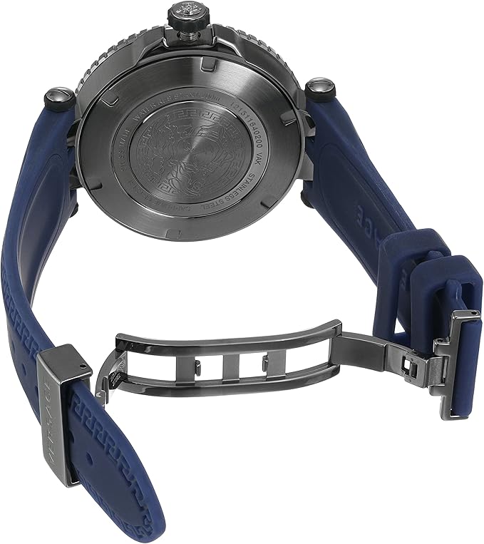 Caseback view of Versace V-Race watch showing stainless steel case and dark crown