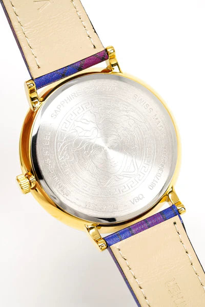 Caseback of Versace V-Race showing engraved Medusa head medallion and steel case back