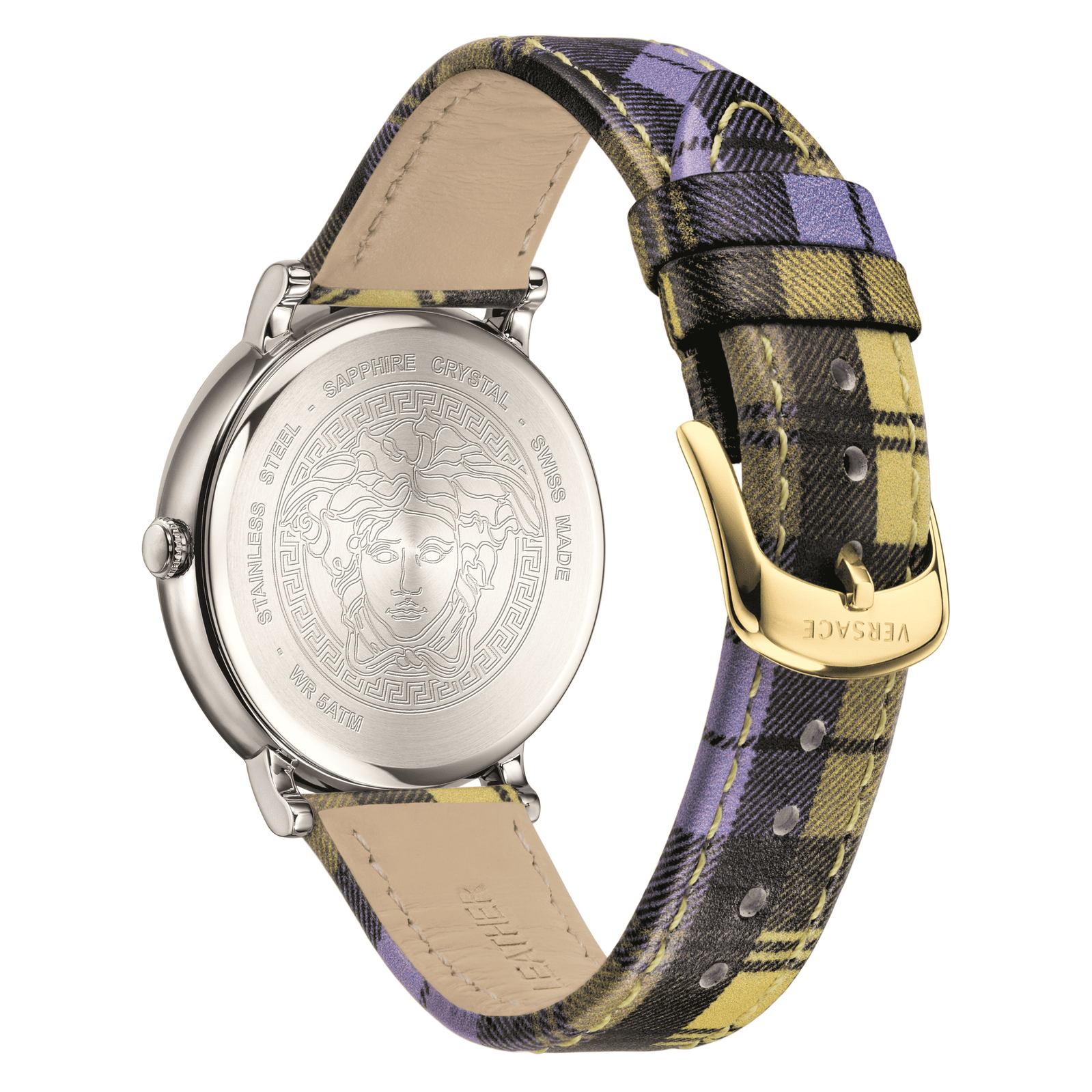 Versace V-Race strap detail showing plaid navy and gold fabric with gold-tone buckle and beige underside