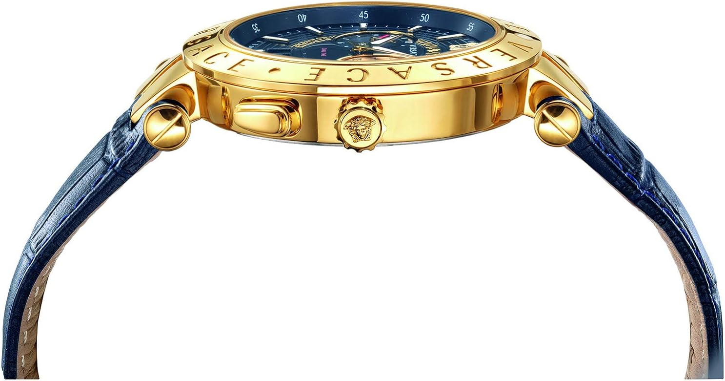 Side angle view of Versace V-Race watch showing gold case profile and blue strap