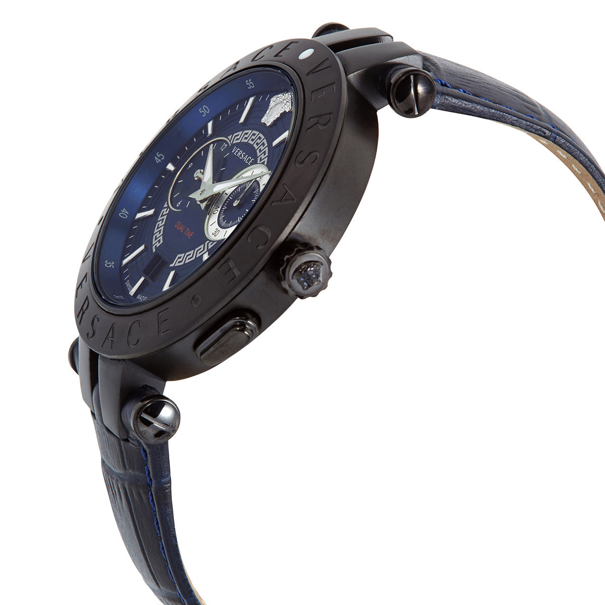 Angled view of Versace V-Race chronograph mens watch showing case profile and blue dial