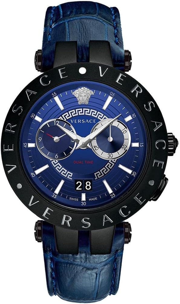 Versace V-Race chronograph quartz mens watch with blue dial, black case and blue leather strap