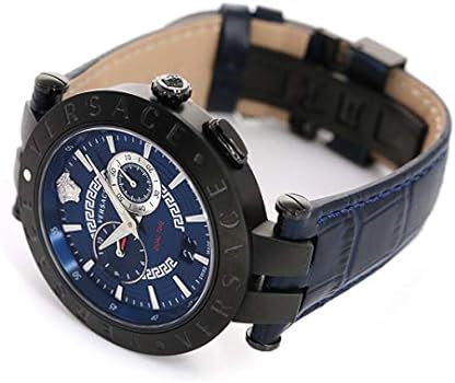 Versace V-Race chronograph watch on wrist displaying blue dial and black case with blue leather strap