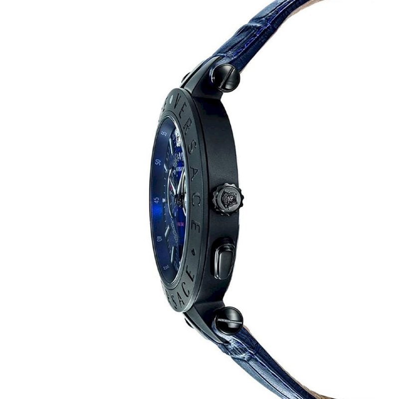 Side profile of Versace V-Race showing black case, blue leather strap, and chronograph pusher buttons