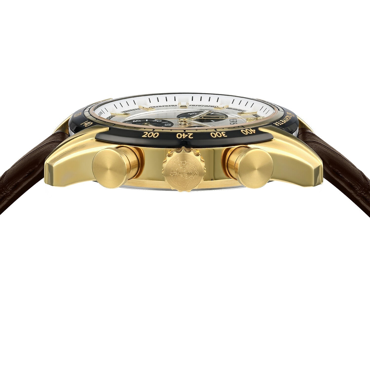 Versace V-Ray side view showing gold plated case and chronograph pushers