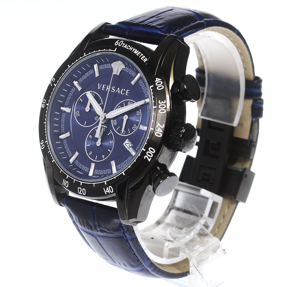 Versace V-Ray watch side view showing navy dial and leather strap detail