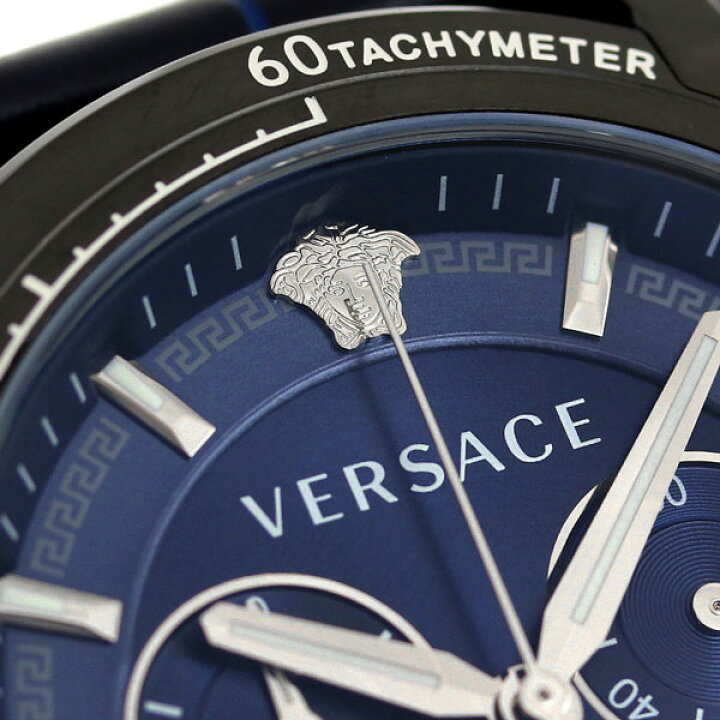Versace V-Ray dial detail showing Medusa logo, tachymeter markings, and chronograph subdials