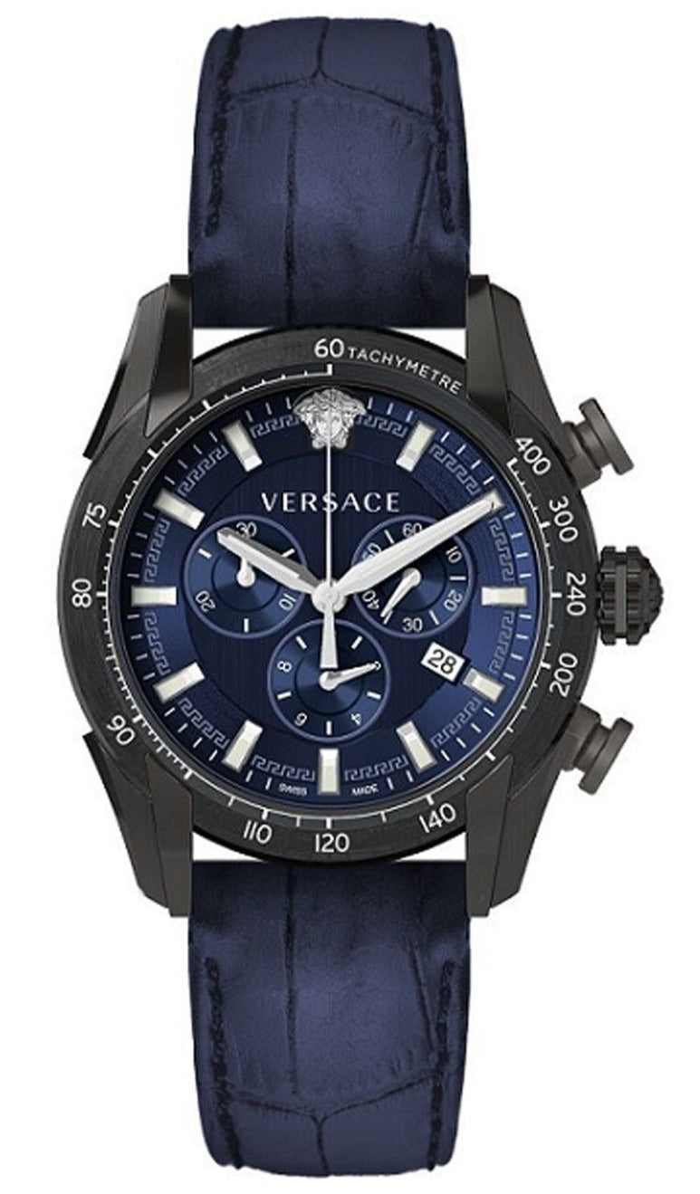 Versace V-Ray navy chronograph watch with black case and navy leather strap