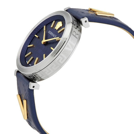 Angled view of Versace V-Twist watch displaying navy blue dial, gold indices, and navy leather strap