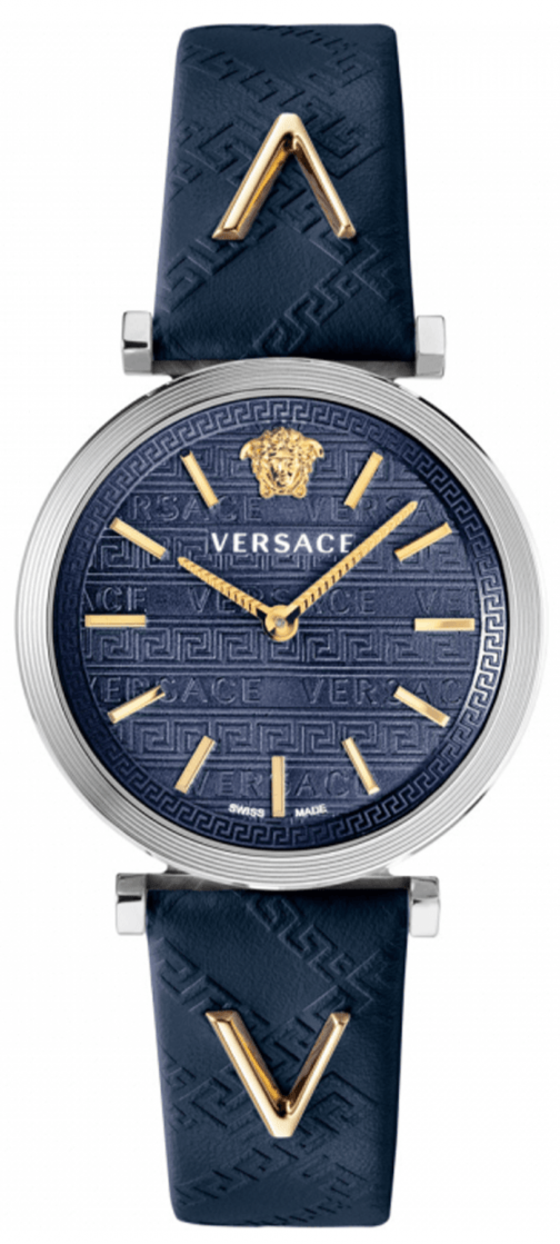 Versace V-Twist ladies watch with navy blue dial, gold indices, Medusa logo, stainless steel case and navy leather strap