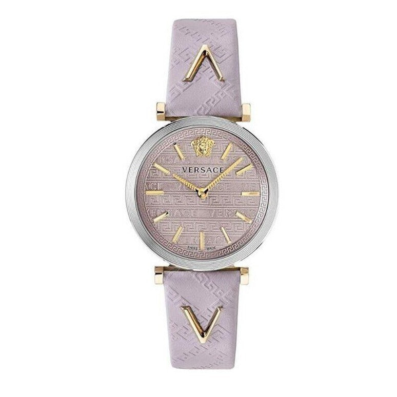 Versace V-Twist light pink dial quartz ladies watch with gold-tone hands and light pink leather strap