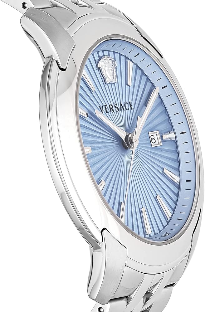 Side angle view of Versace V-Urban light blue dial watch showing case profile