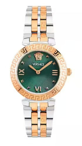 Versace Vanity Elaphe two-tone stainless steel women's watch with green dial and Greek key bezel