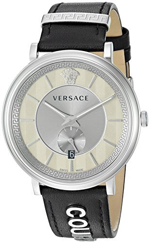 Side angle view of Versace watch showing stainless steel case and black leather band with branding