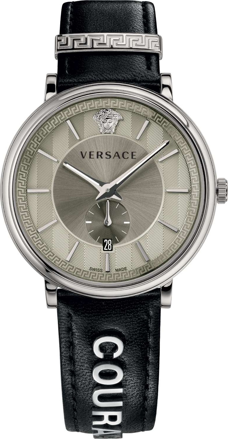 Versace quartz watch with stainless steel case and black leather strap, Medusa dial motif