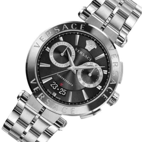Versace VBR080018 watch angled view showing silver steel case and linked bracelet
