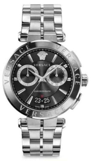 Versace VBR080018 men's chronograph watch with black dial and silver steel bracelet