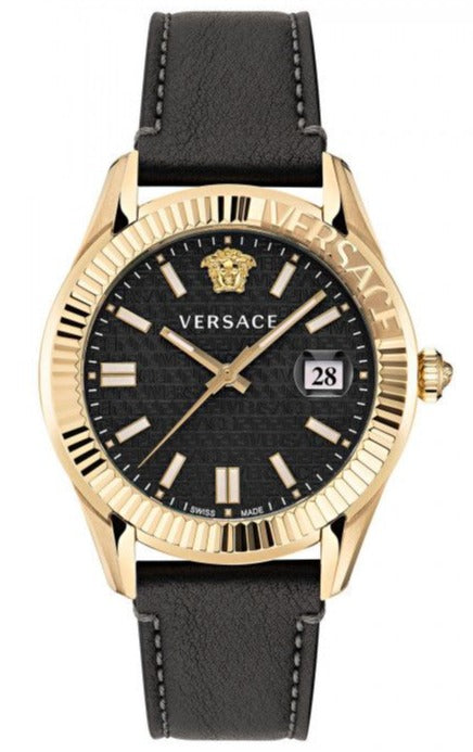 Versace Aion Chrono watch with black dial, gold-tone case, Medusa logo, and black leather strap