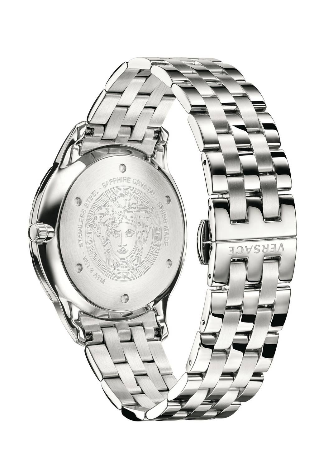 Caseback of Versace VEBK00418 with engraved Medusa logo and steel bracelet