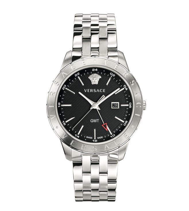 Versace VEBK00418 quartz watch with silver steel bracelet and black dial