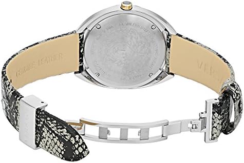 Versace watch caseback with engraved Medusa logo and text, green leather strap visible