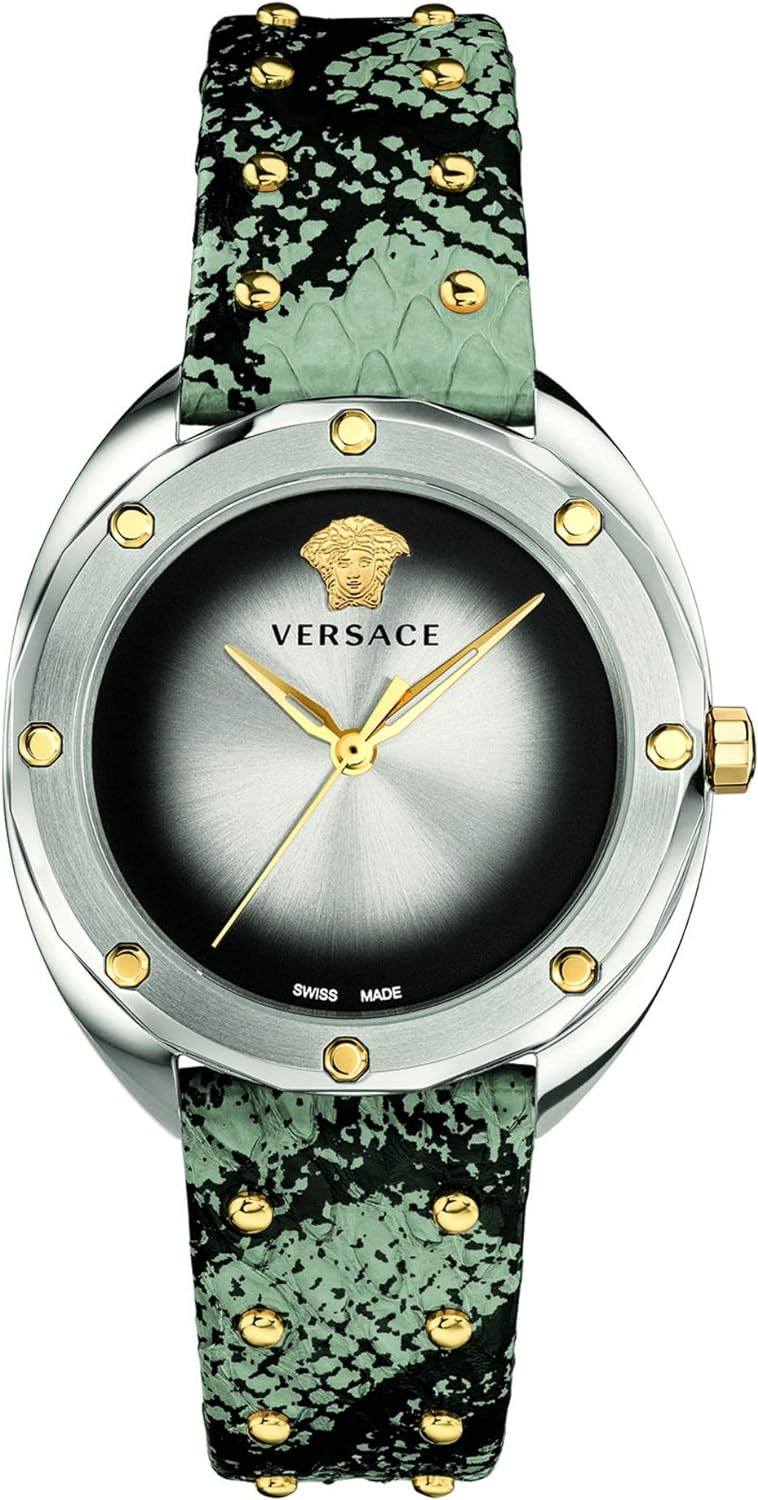Versace women's quartz watch with silver dial, green leather strap, and gold accents