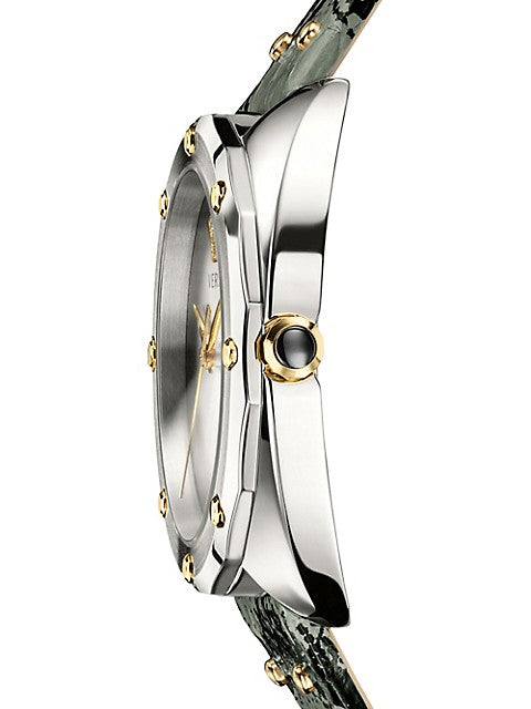 Versace watch side profile showing case depth and crown with green patterned leather