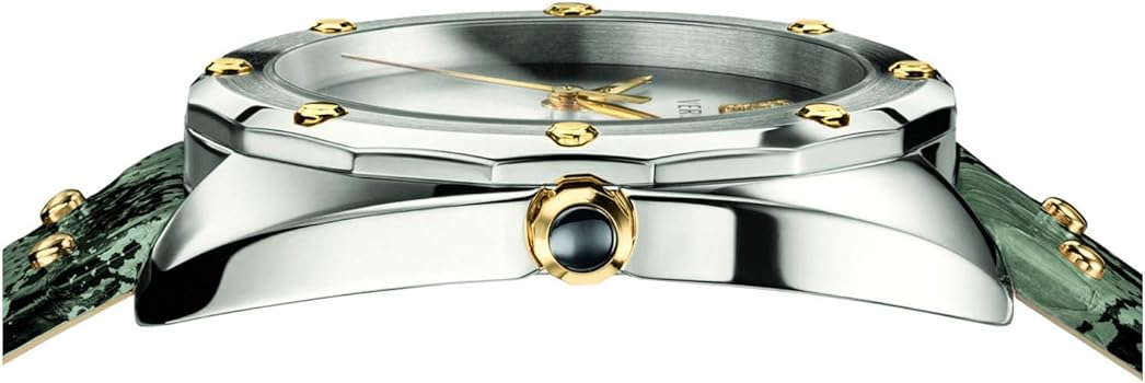 Versace watch top view showing bezel with gold studs and silver case