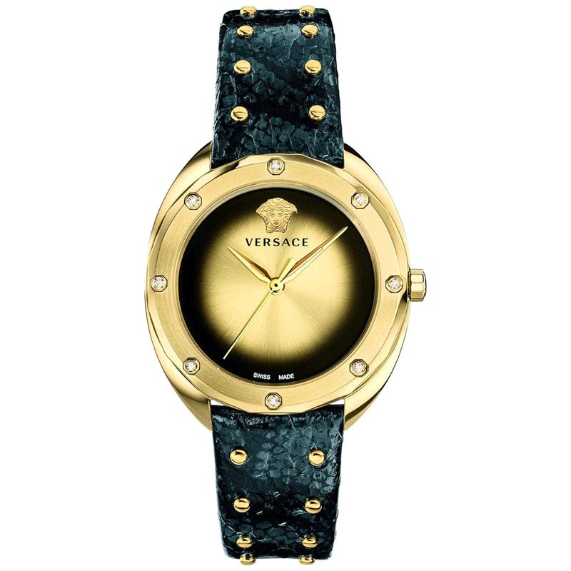 Versace women's quartz watch with gold dial, gold octagonal case, black leather strap with gold studs
