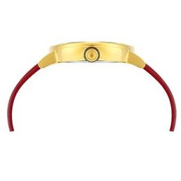 Caseback view showing Versace watch case and maroon leather strap attachment